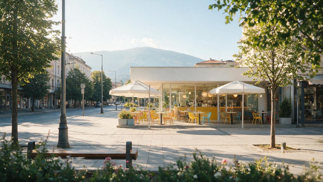 Sunny Sofia boulevard with a bright cafe and mountain backdrop