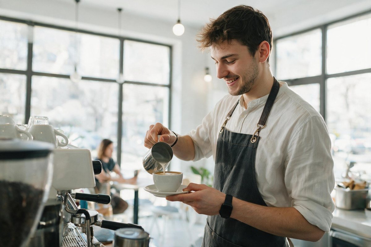 Young barista serving coffee in a bright modern Sofia cafe with big windows