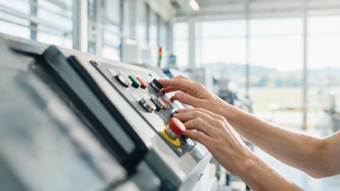 Close-up of hands operating a machine control panel in a bright modern factory