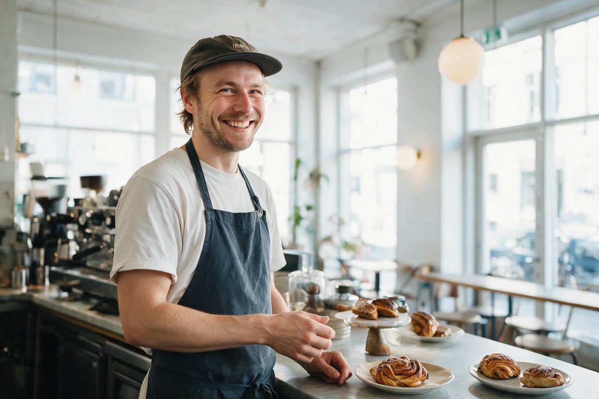 Smiling barista at a bright Copenhagen cafe counter with pastries and big windows