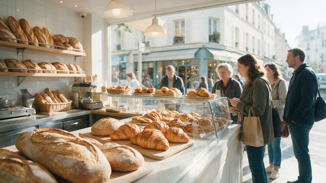 Fresh bread and pastries on the counter of a bright French bakery with a queue of customers