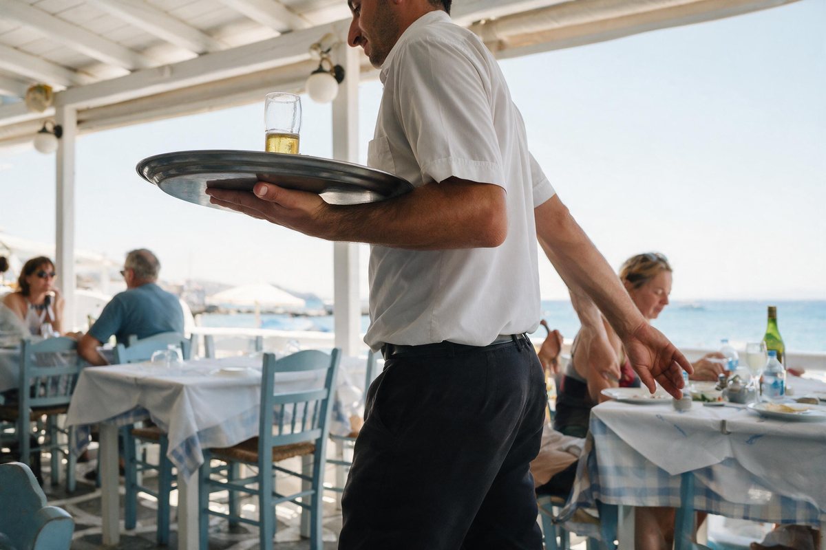 Waiter carrying a tray across a bright taverna terrace by the sea