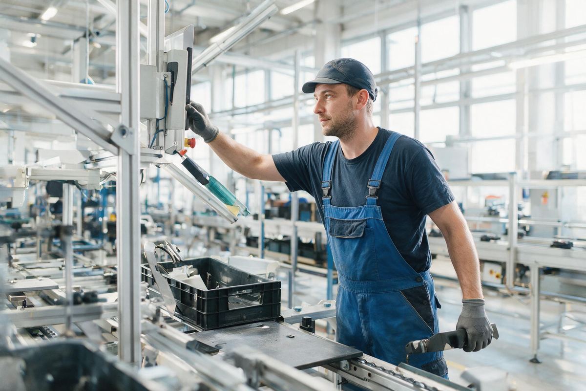 Factory worker at a bright modern production line in a Hungarian plant