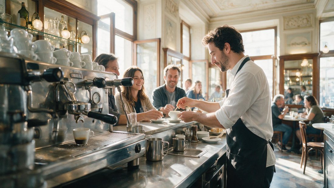 Espresso bar counter with a barista serving customers in bright morning light