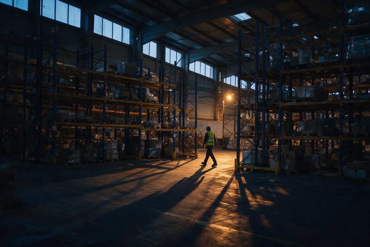 Lone worker in a hi-vis vest walking between tall racks in a quiet warehouse at blue hour