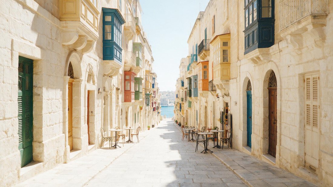 Honey-stone Valletta street with a bright cafe and sea glimpse