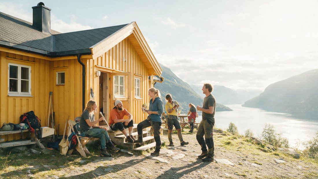 Seasonal workers laughing outside a bright mountain lodge with fjord light