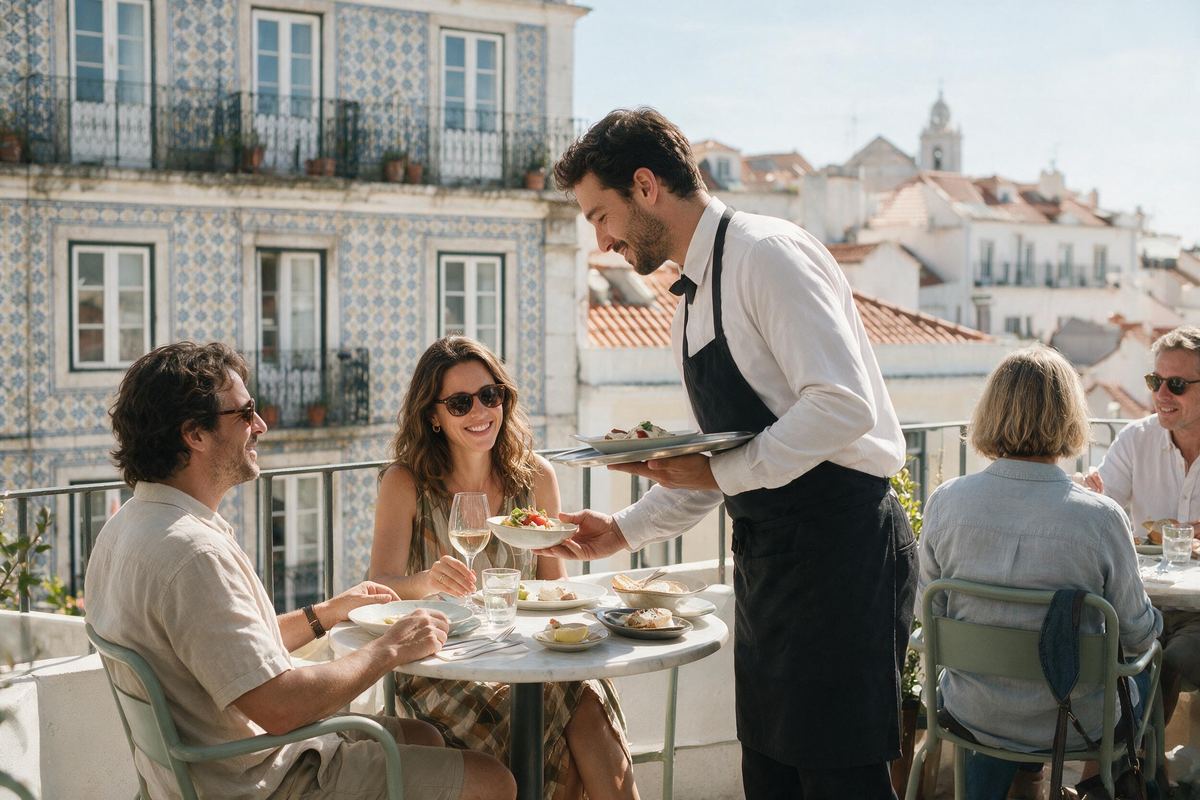 Waiter serving guests on a sunlit Lisbon terrace with tiled facades behind