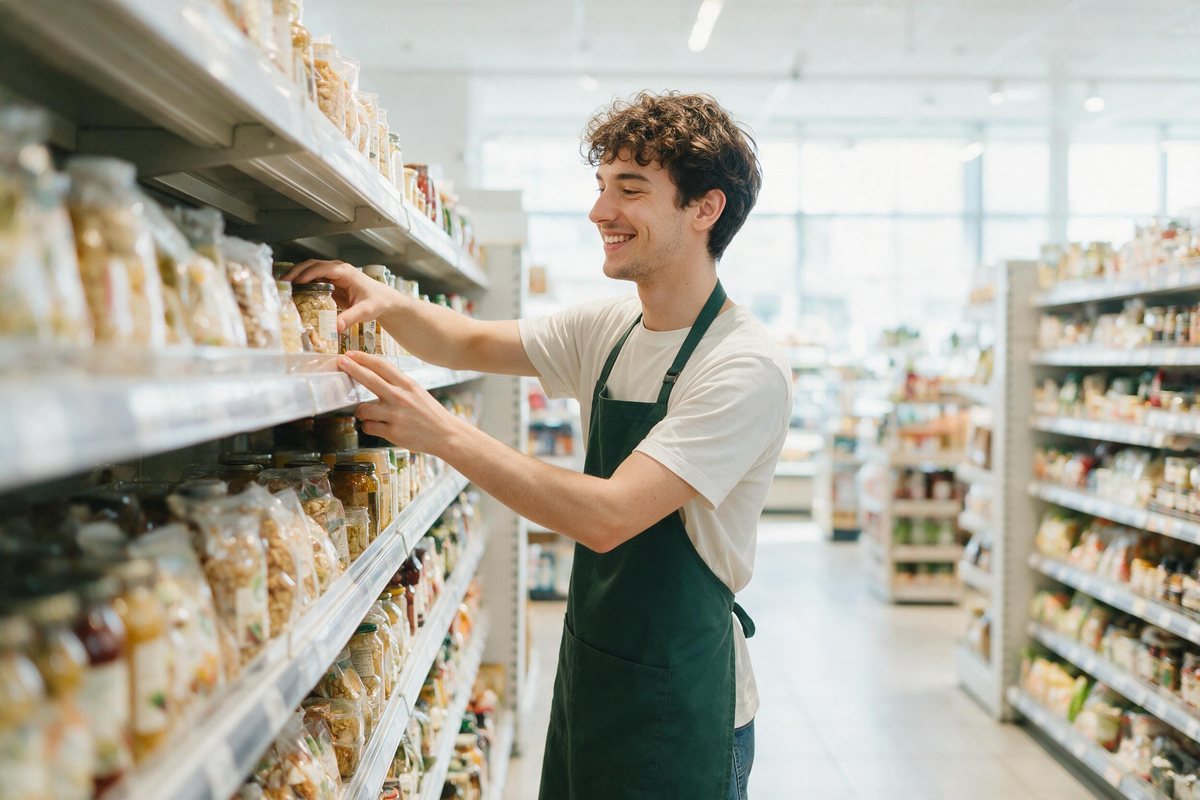 Young Romanian retail worker arranging shelves in a bright modern store