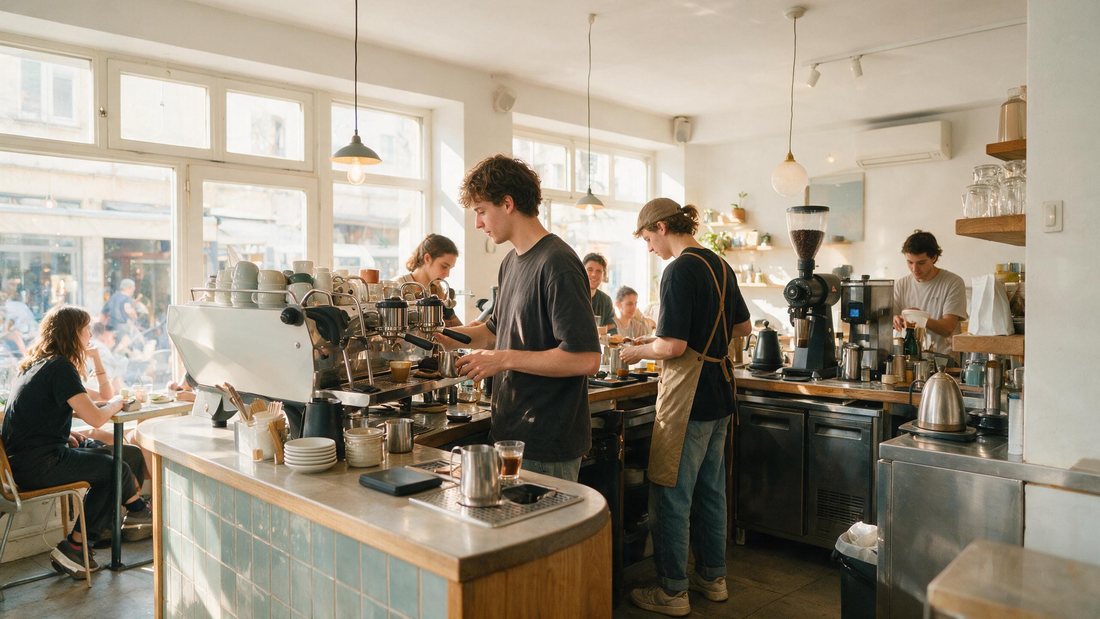 Busy bright Belgrade coffee bar with young staff at the machine