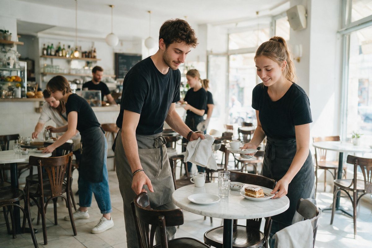 Young service team preparing a bright Belgrade cafe before opening