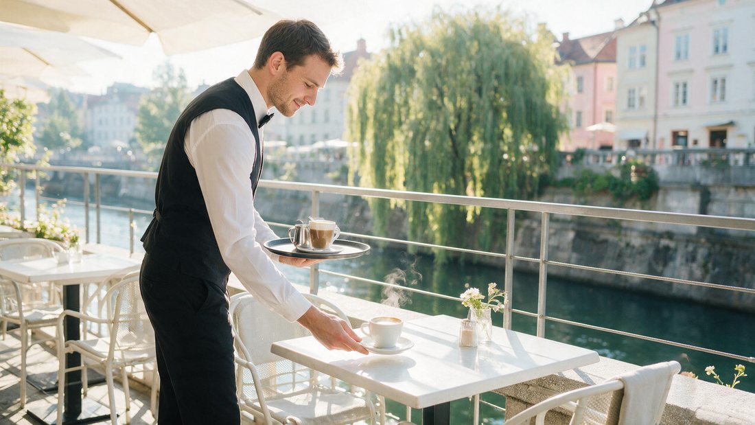 Waiter serving coffee by the Ljubljanica river on a bright morning