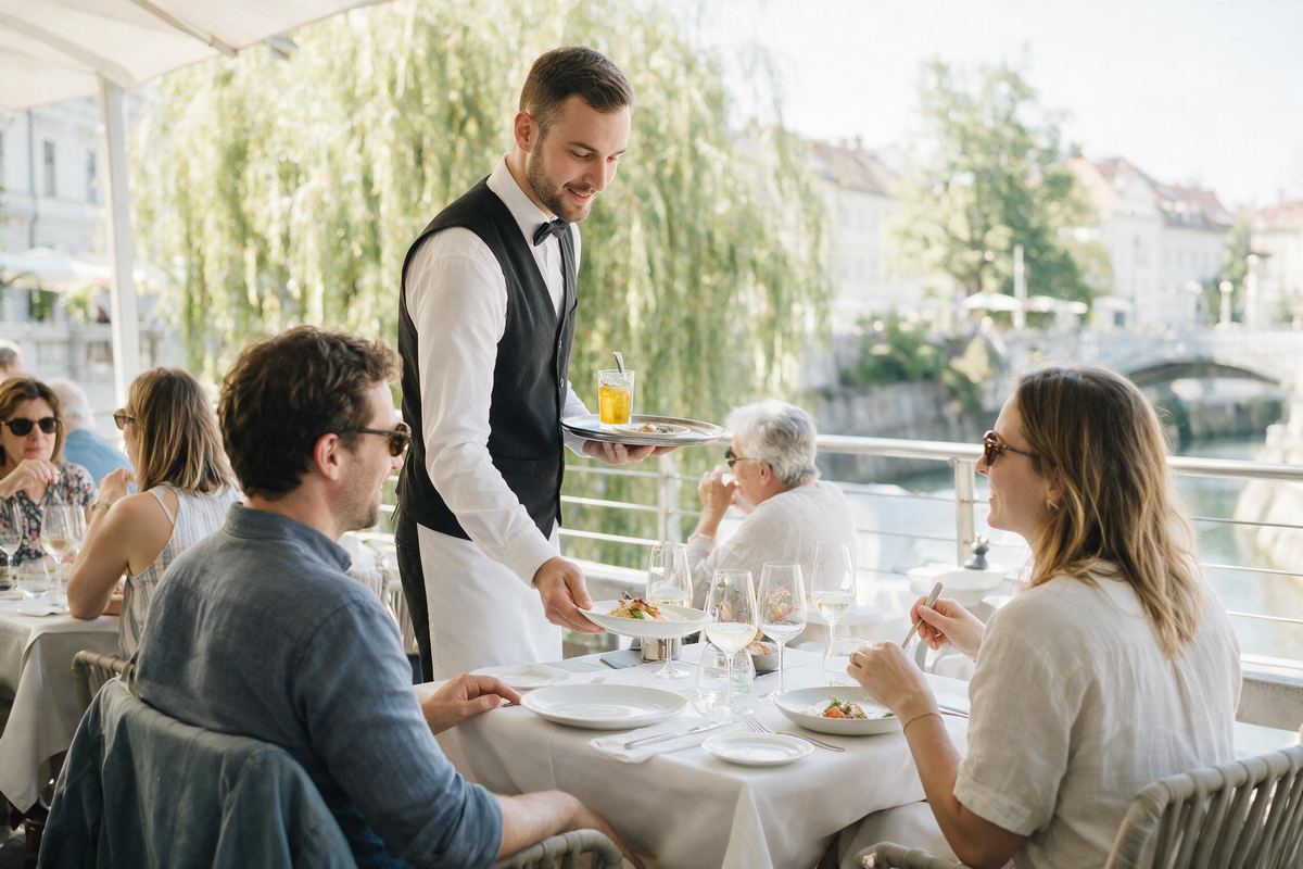 Waiter serving guests on a bright Ljubljana riverside terrace with willows