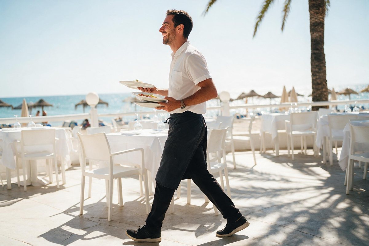 Waiter carrying plates across a sunny Spanish beachfront restaurant terrace