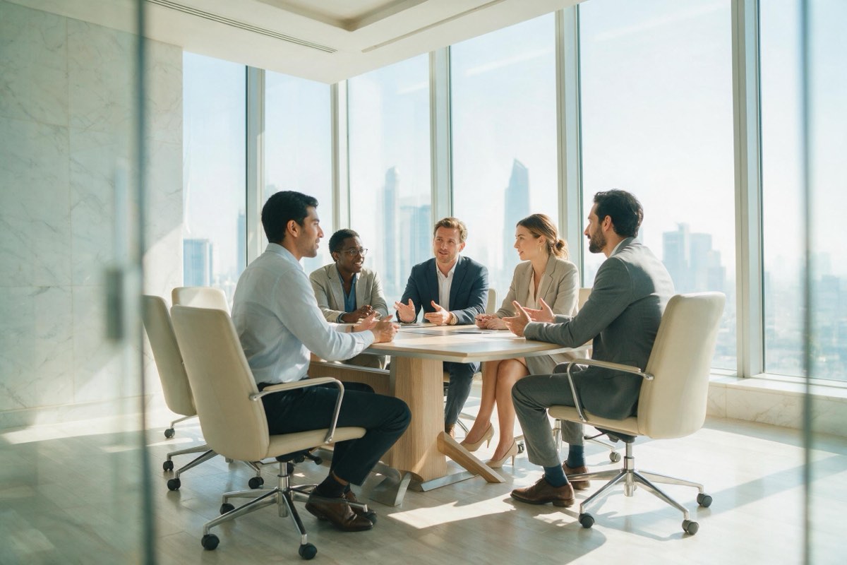 Diverse team meeting in a bright modern Gulf office with city view