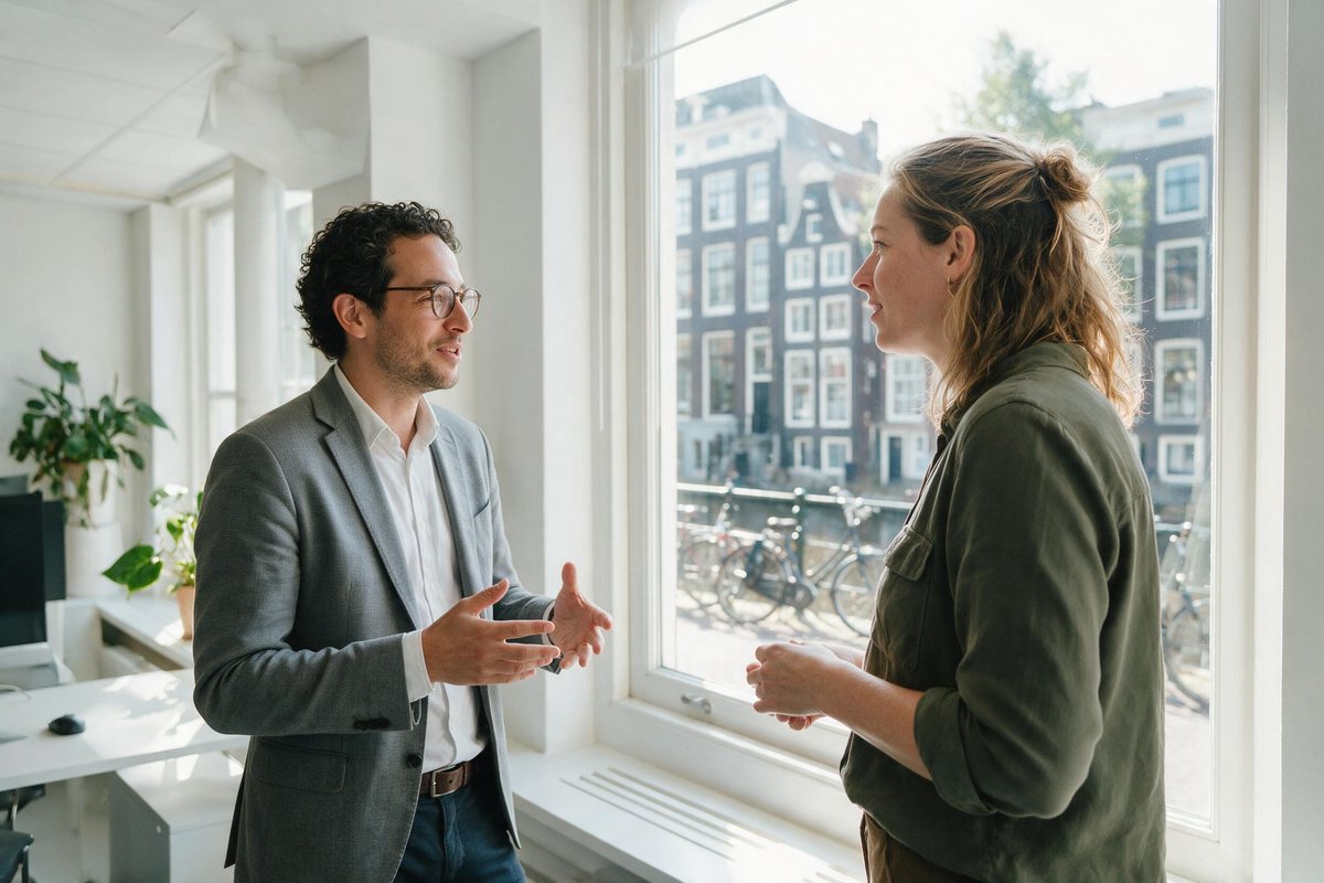Two colleagues talking by a bright window in a modern Dutch office with bikes outside