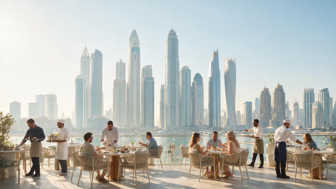 Modern Dubai skyline behind a bright cafe terrace with staff serving
