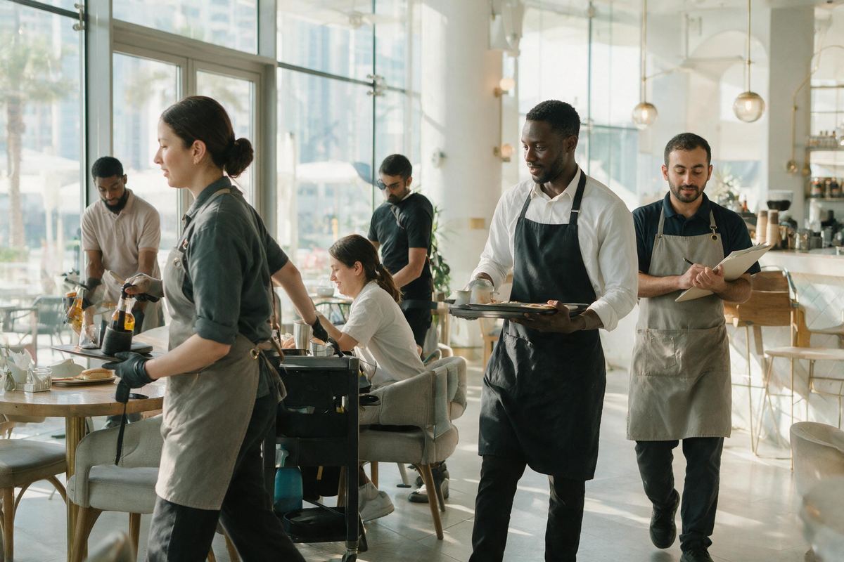 Diverse service team in a bright modern Dubai cafe with city light through glass