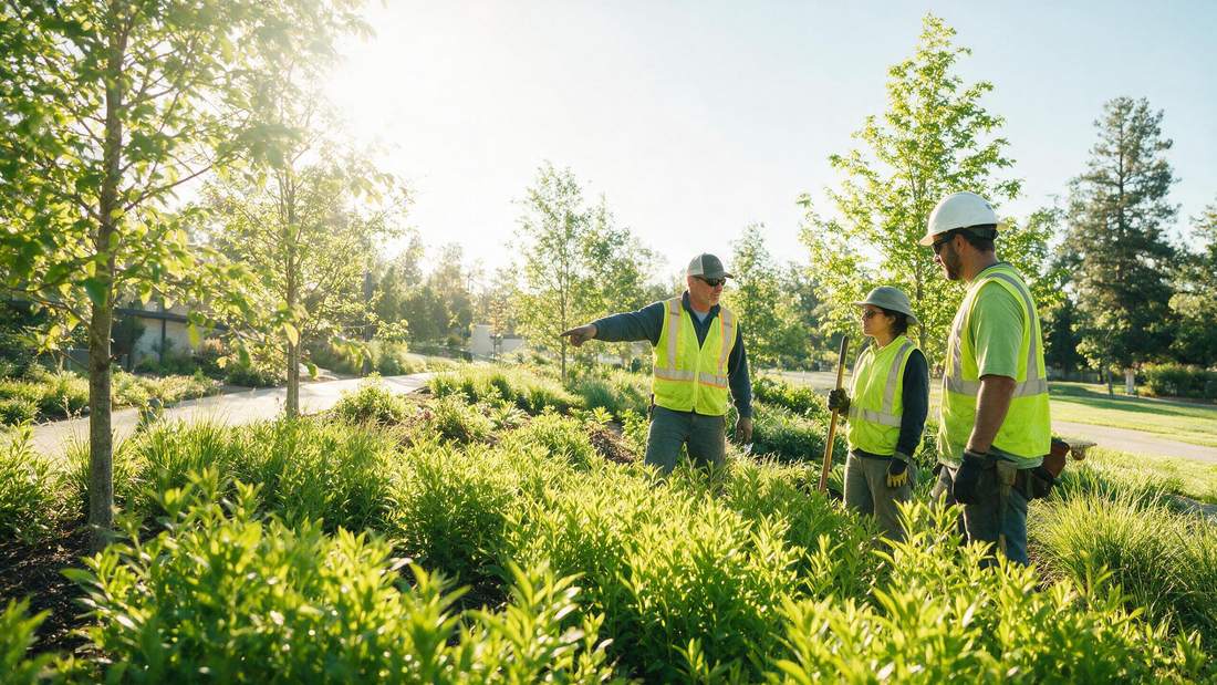 Crew leader pointing out details to a team in a bright green garden