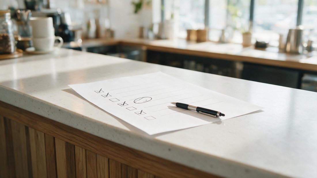 Checklist with ticks and one circled item on a bright counter
