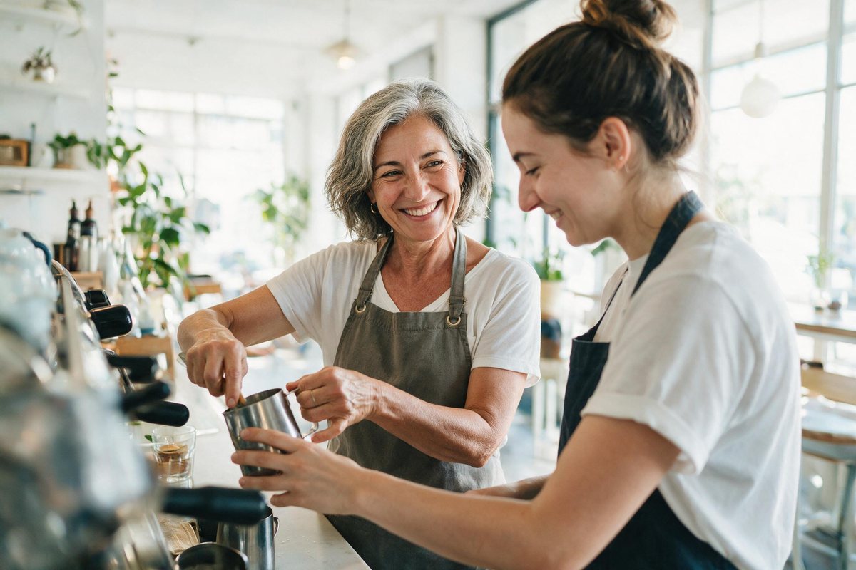 Experienced woman in her fifties training a younger colleague at a bright cafe counter