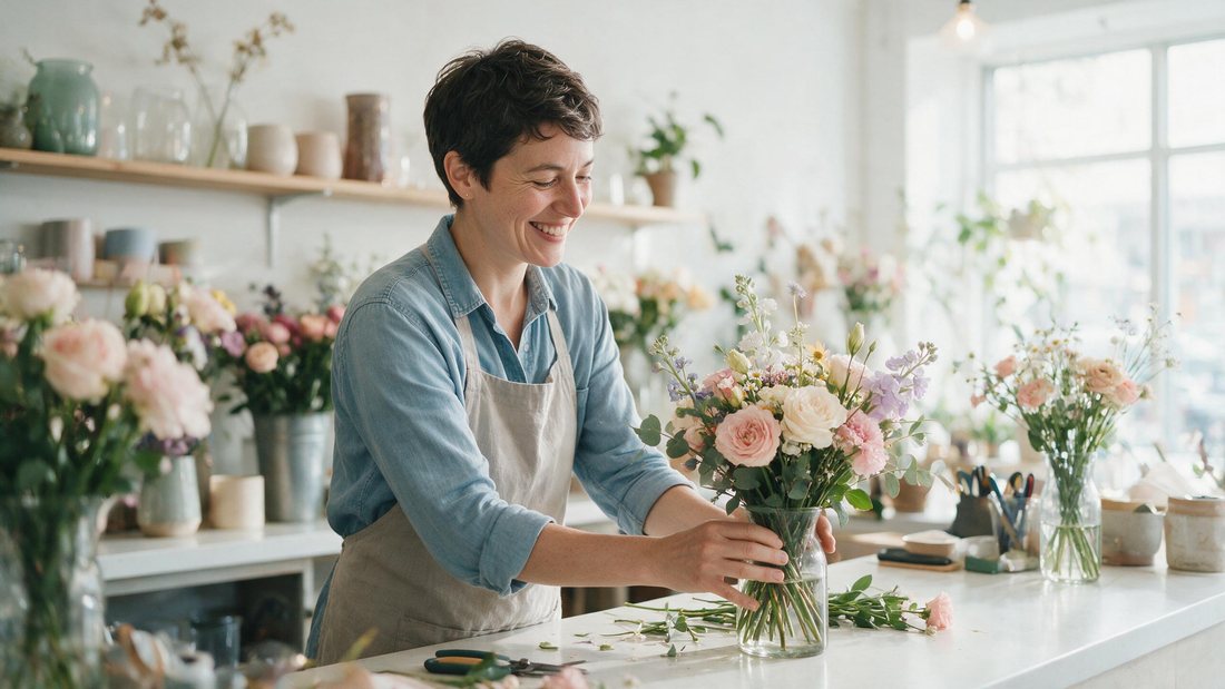 Parent working a morning shift at a bright florist counter