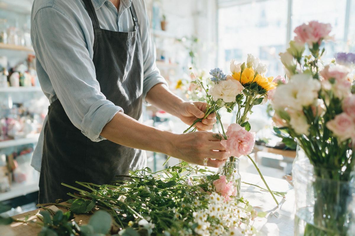 Parent in an apron arranging fresh flowers in a bright shop in morning light