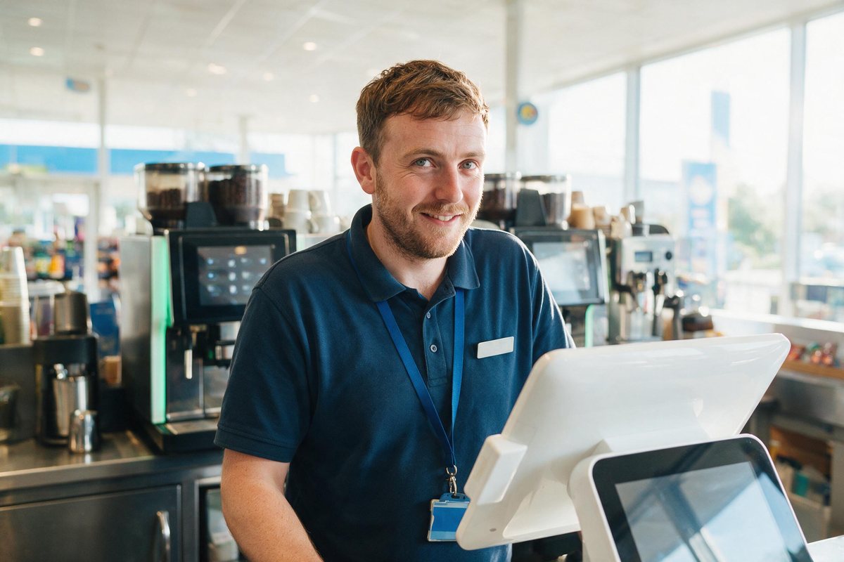 Forecourt shop assistant at a bright modern till with coffee machines behind
