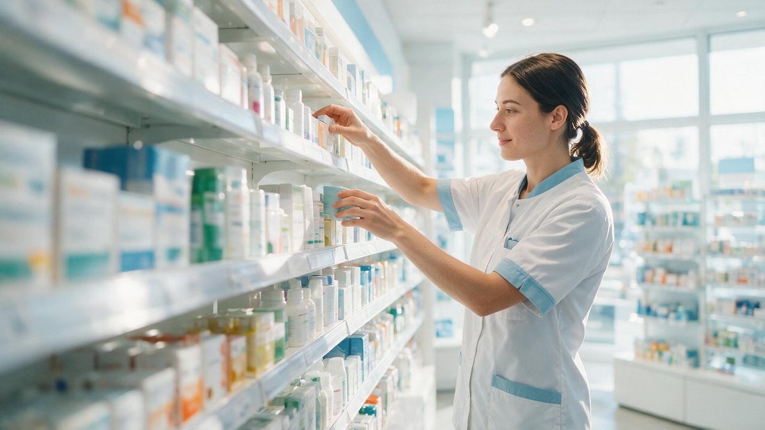 Pharmacy technician carefully checking a shelf in a bright modern pharmacy