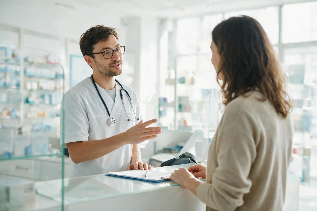 Pharmacist advising a customer across a bright modern pharmacy counter