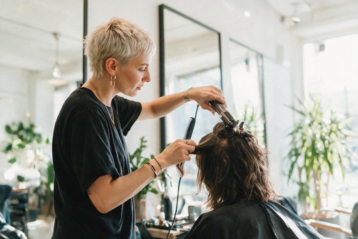 Stylist working on a client's hair in a bright modern salon with big mirrors