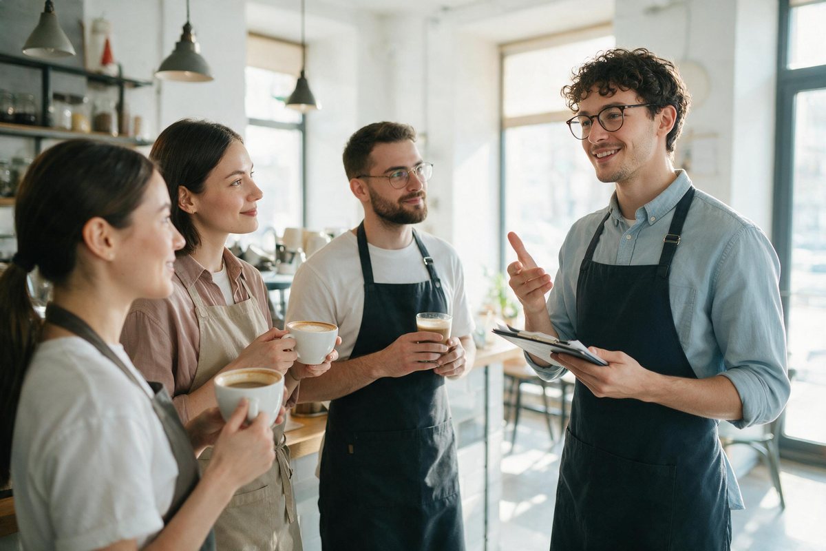 Young shift leader briefing a small cafe team before opening in bright morning light