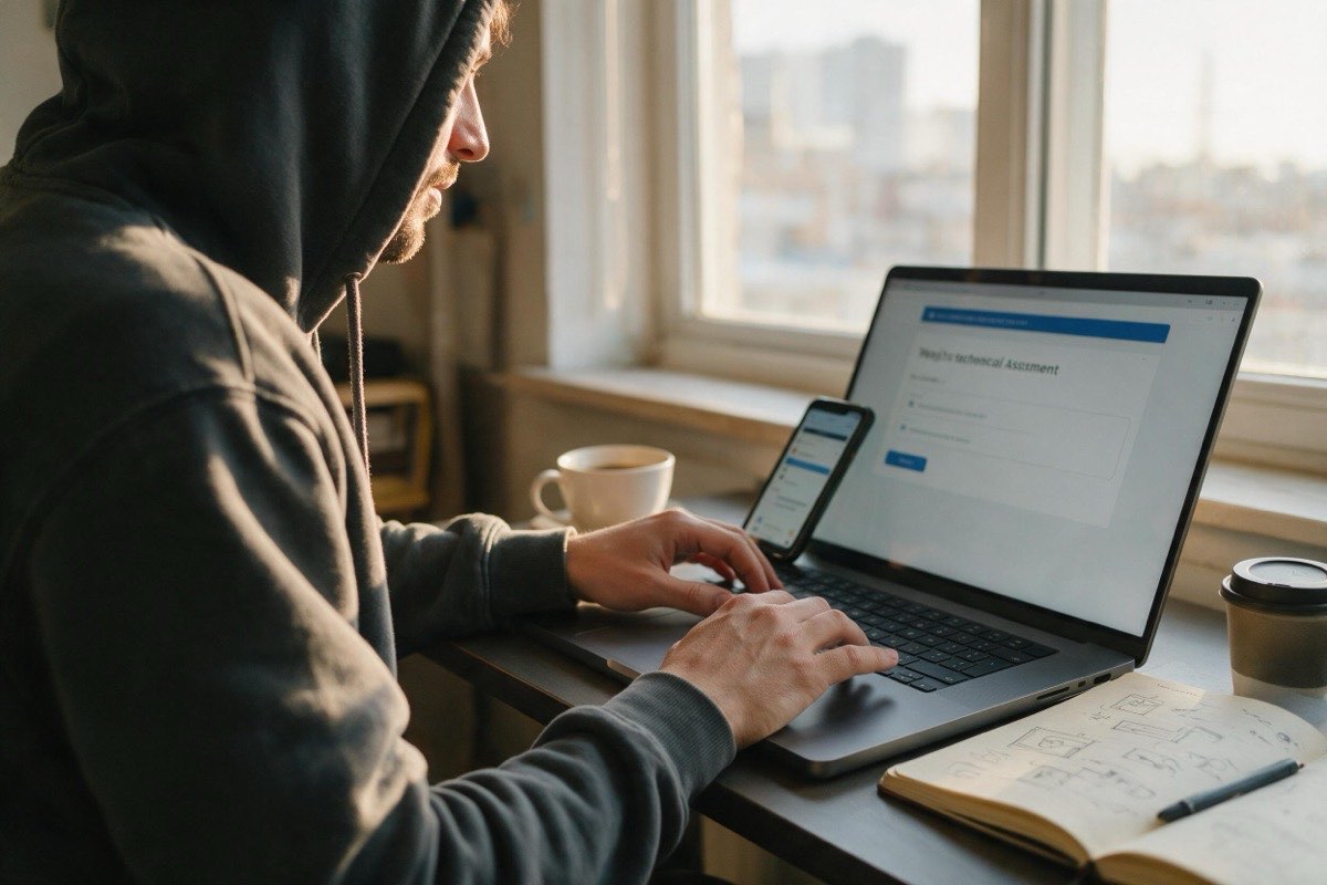 Developer taking a short technical assessment on a laptop at a home desk