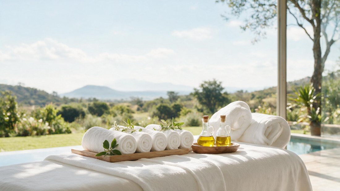 Neatly rolled towels and oils in a bright calm spa preparation area