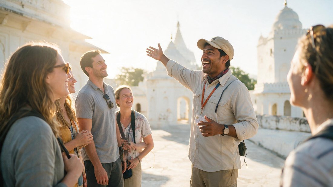 Guide gesturing to architecture while a small group listens in bright light