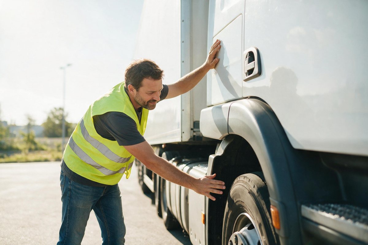 Truck driver doing a walkaround check of a clean truck in bright morning light