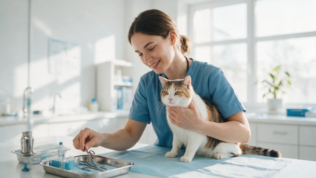 Veterinary assistant comforting a cat while preparing instruments in bright clinic