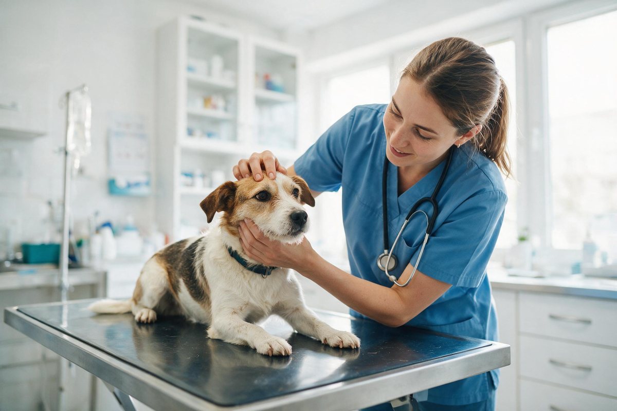 Veterinary nurse gently examining a dog on a bright clinic table