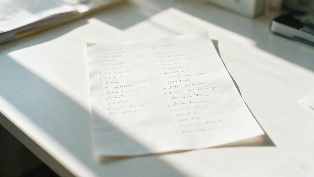 Handwritten two-column list on a bright desk, one column visibly shorter