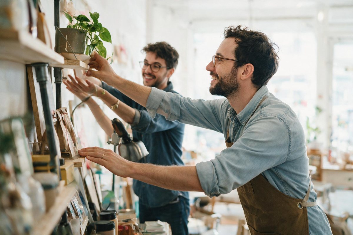 Small business owner and their first employee arranging a bright shop together