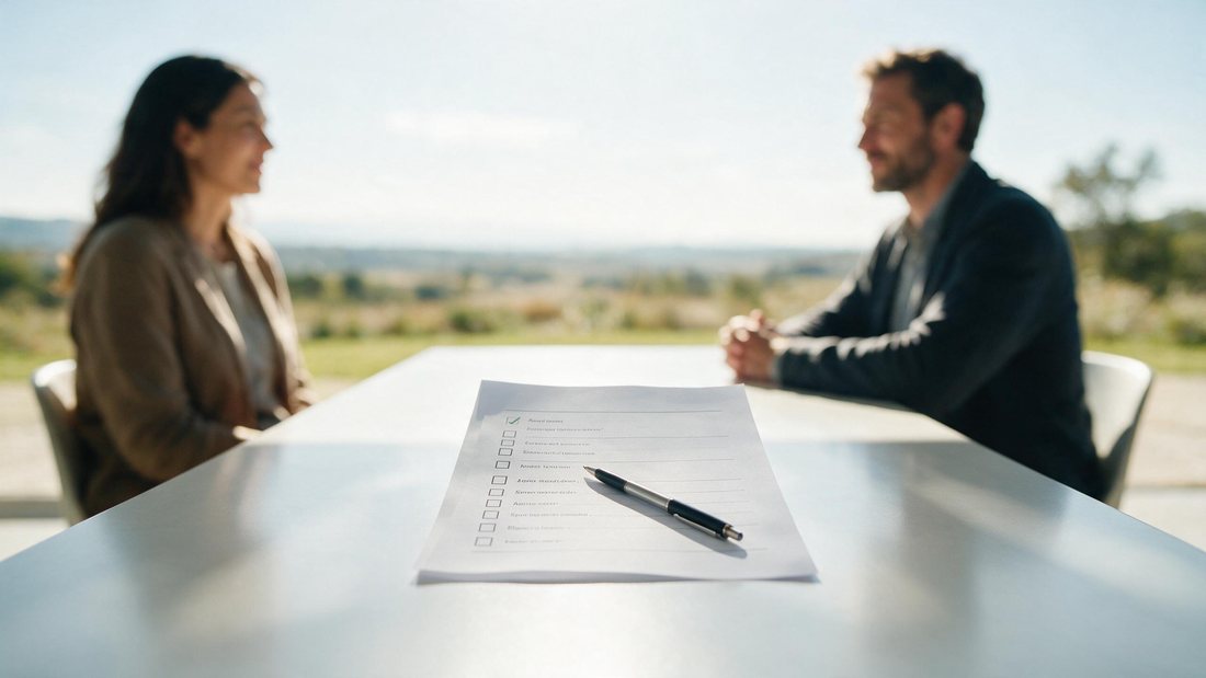 Structured interview sheet and pen between two people at a bright table