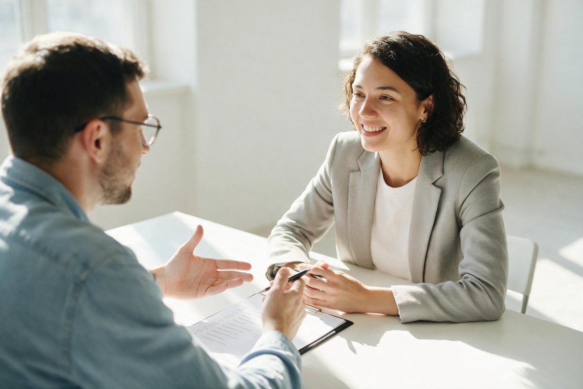 Interviewer and candidate talking across a bright table with a structured checklist visible