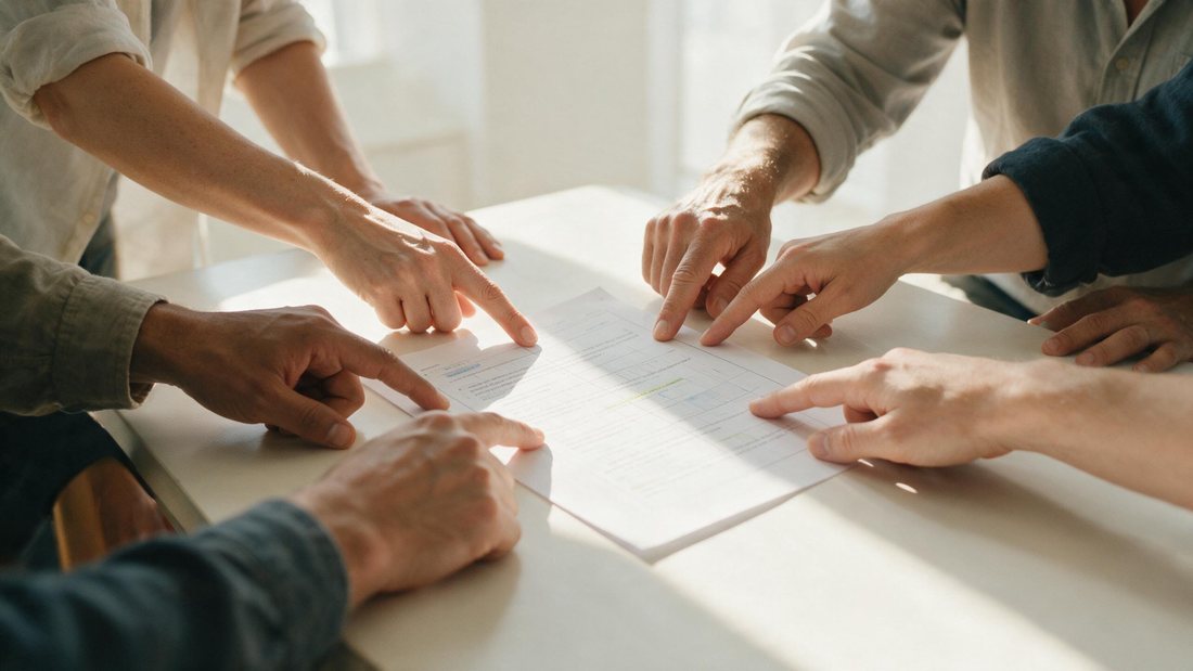 Diverse hands pointing at a draft advert on a bright table