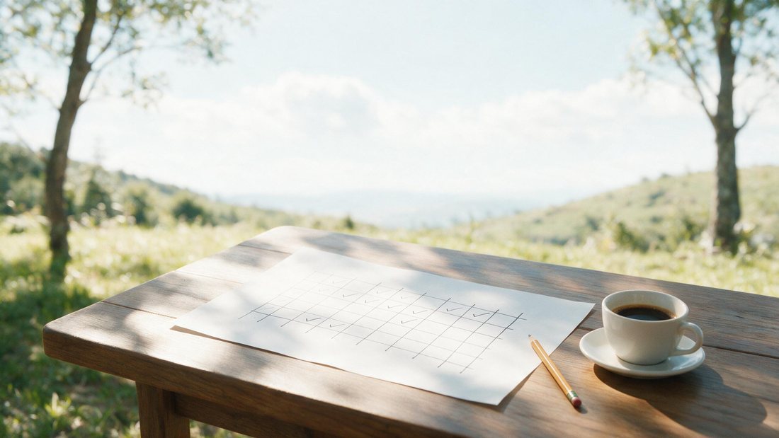 Handwritten skills grid on bright paper with names and ticks
