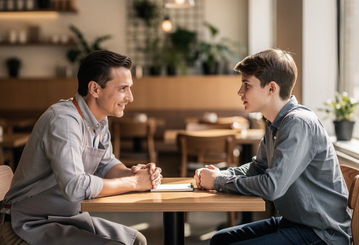 Relaxed job interview between a manager and a candidate at a cafe table