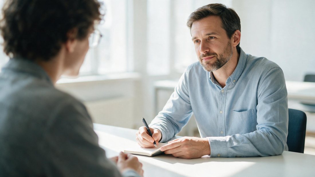 Interviewer making a considered note while candidate talks at a bright table