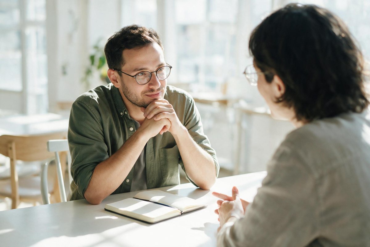 Interviewer listening thoughtfully across a bright table with a notepad
