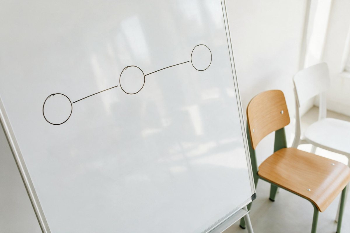 Simple three-step path drawn on a bright whiteboard beside two chairs