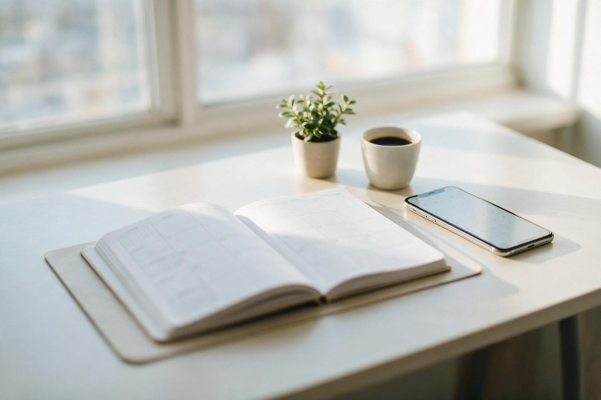 Bright desk with an open planner and phone showing a calendar beside morning coffee