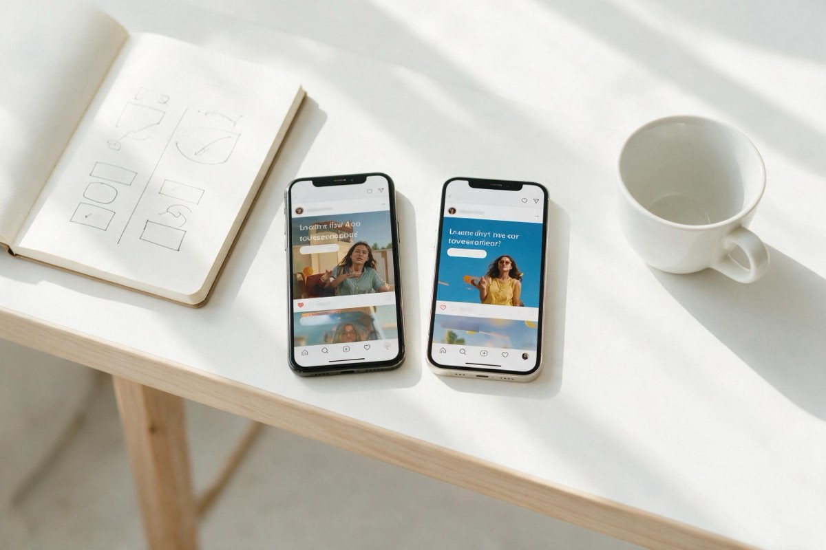 Two phones side by side on a bright desk showing two versions of the same advert